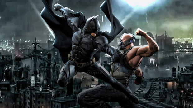 Batman fighting Bane in a dark cityscape during night with intense action