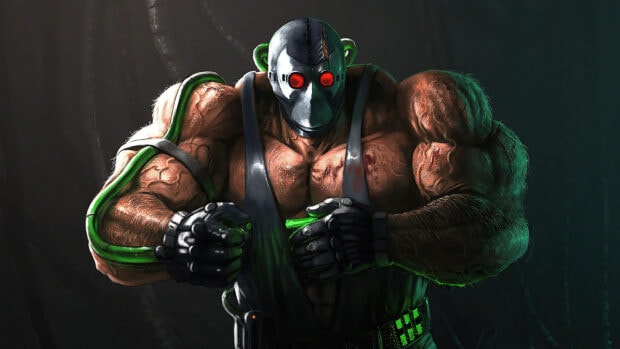 Muscular Bane character with red eyes and green tubes in a dark setting