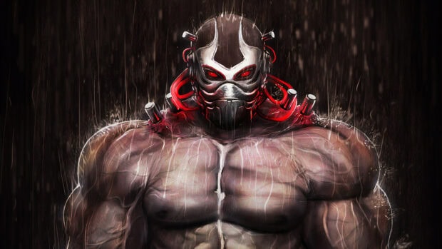 A muscular Bane character from Batman with a high tech mask and red tubes on his shoulders standing in the rain