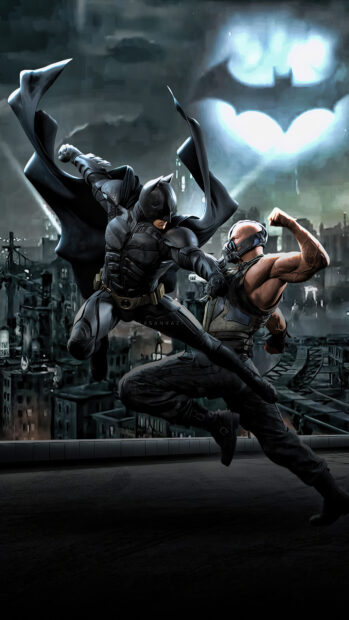 Batman fighting Bane in a dark city scene with the bat signal glowing in the sky