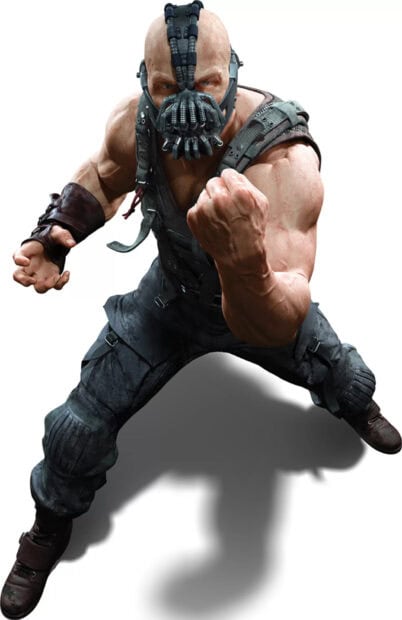 Muscular bane character in fighting stance with mask and tactical gear