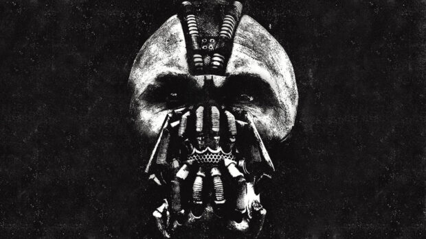 A detailed black and white illustration of Bane's mask showing the iconic design