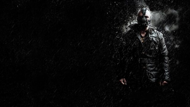 Bane character standing in the rain with a dark background