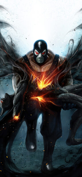 Bane Batman character with glowing chest breaking through dark shadows