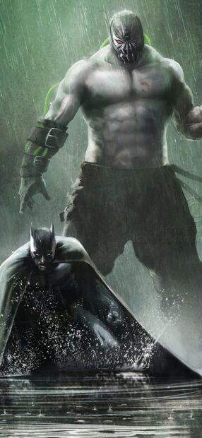 Bane character standing behind Batman in rain with intense atmosphere