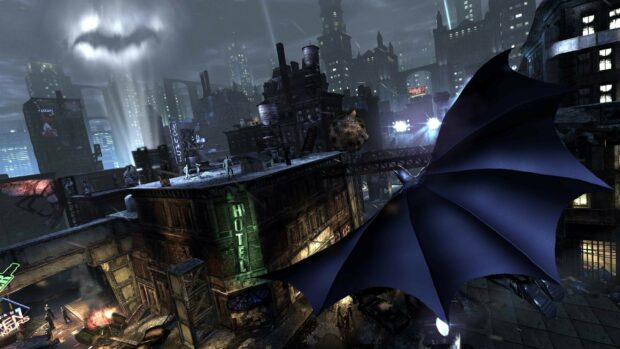 Batman Arkham City soaring over the Gotham rooftops with the bat signal shining in the sky