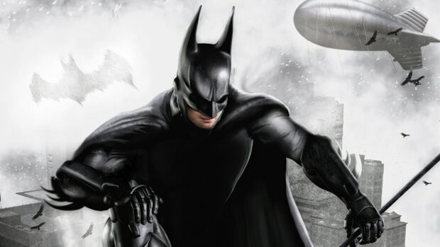 Batman Arkham City character in a black suit crouching on a rooftop with a bat silhouette in the misty background