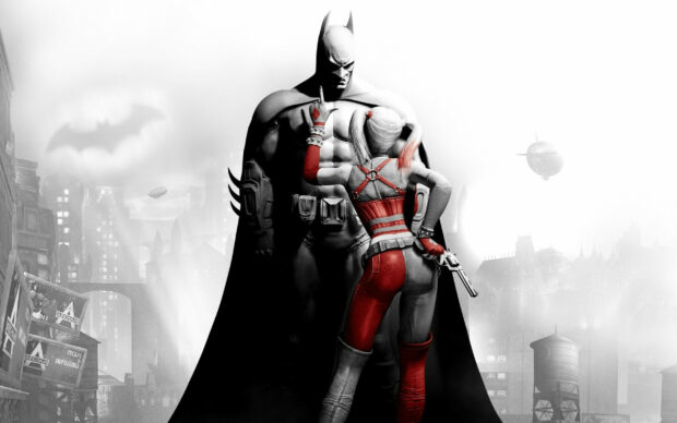 Batman Arkham City character stands in front of Batman with Harley Quinn pointing a finger up and holding a gun