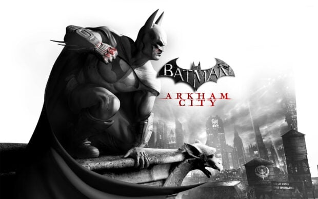 Batman Arkham City character crouching on a gargoyle overlooking the cityscape