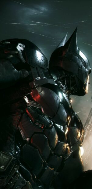 Batman Arkham City character in armored suit standing in the rain