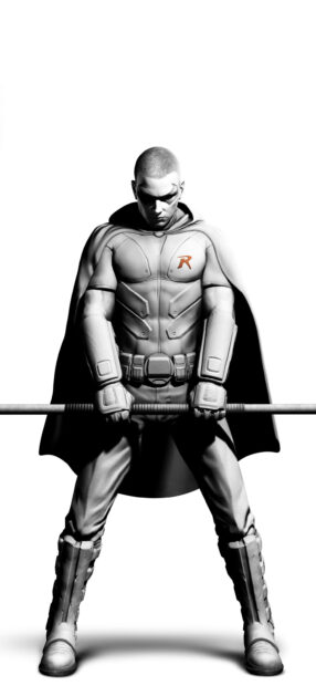 A strong character from Batman Arkham City stands holding a staff with a cape and a symbol R on his chest