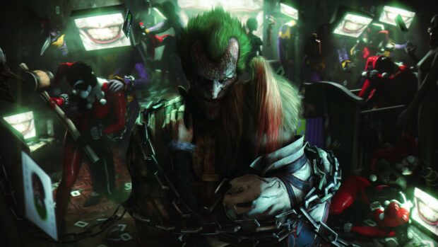 The Joker and Harley Quinn chained together in a dark room filled with clown figures from Batman Arkham City