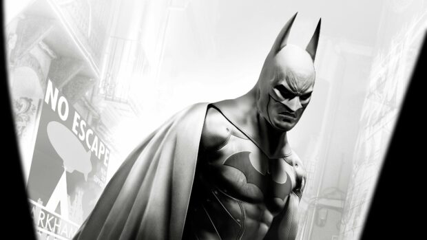 Batman Arkham City character standing with a serious expression in a dark urban setting