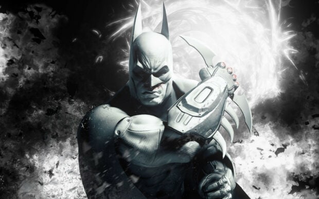 Batman Arkham City character holding a weapon in a dark intense scene