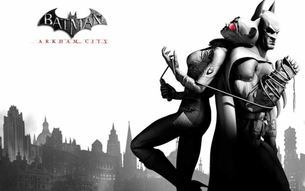Batman Arkham City characters Batman and Catwoman standing back to back in a dramatic pose