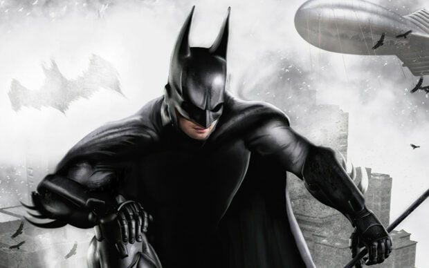 Batman in Arkham City crouching with bats flying in the background
