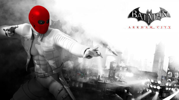 A character from Batman Arkham City wearing a red mask and white jacket in an action pose over the cityscape
