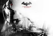 Catwoman character from Batman Arkham City standing over the cityscape at night