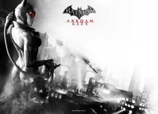 Catwoman character from Batman Arkham City standing over the cityscape at night