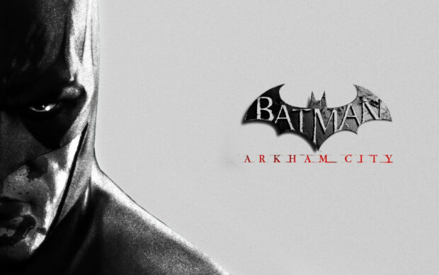 Close up of Batman in dark lighting with Batman Arkham City logo on the side