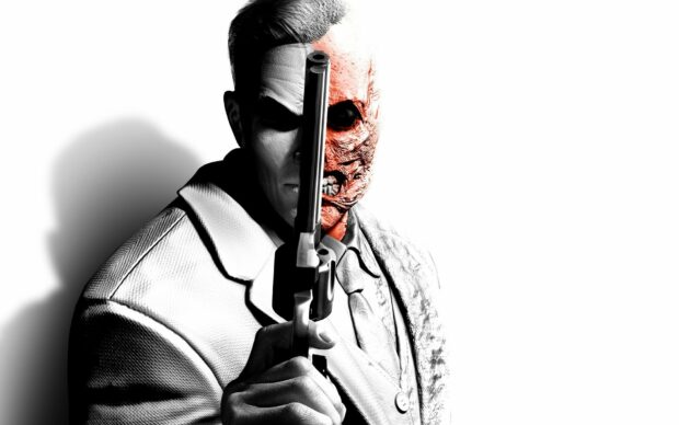 Two Face character from Batman Arkham City holding a gun in a dramatic pose