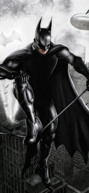 Batman Arkham City character in stealth pose over the city skyline