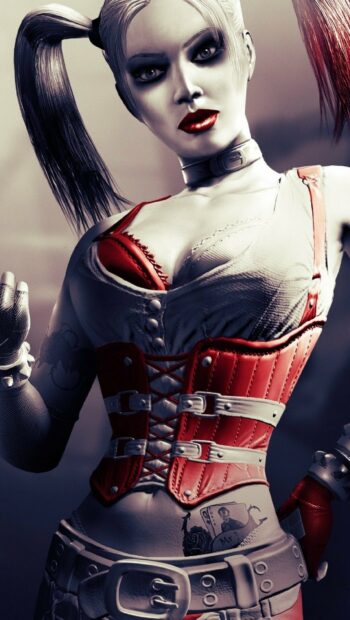 Harley Quinn character from Batman Arkham City game in detailed red and white outfit