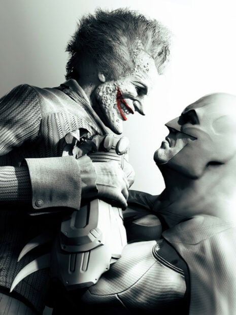 Joker and Batman face off in a tense confrontation from Batman Arkham City