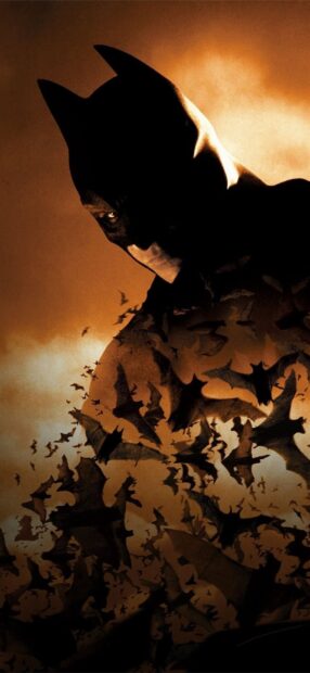 A dark figure with bats flying around representing Batman Begins