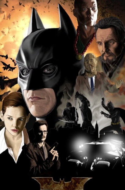 Batman begins character collage with Batman and allies in dramatic scene