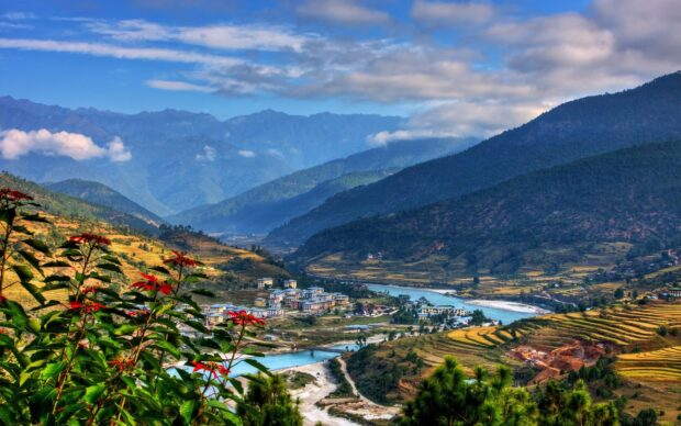 Scenic valley landscape in Bhutan with river and mountains