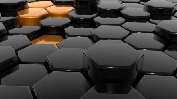 A black and orange honeycomb structure creates a 3D effect with glossy surfaces, HD Desktop Wallpaper