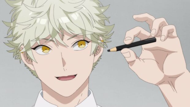 A blond character from Blue Period is smiling while holding a pencil near his face, HD Desktop Wallpaper
