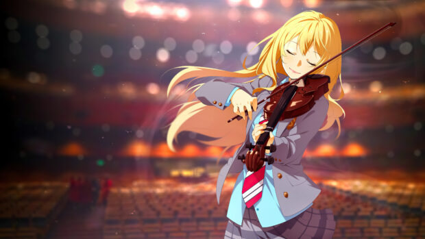 A blonde girl is playing the violin on stage with her eyes closed enjoying the music deeply, 4K Desktop Wallpaper