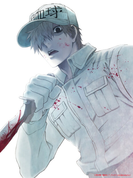 A blood cell from Cells At Work Code Black with blood stains holding a knife, 2K Desktop Wallpaper