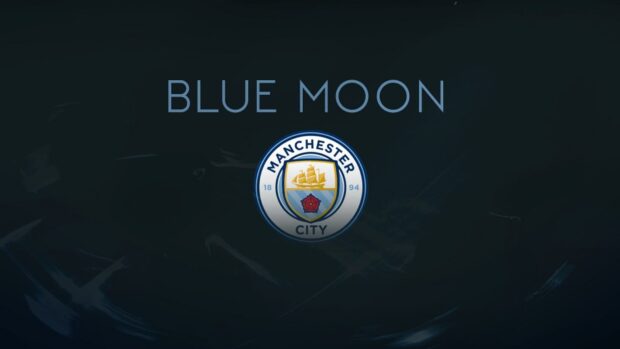 The Manchester City Fc logo with Blue Moon text on a dark background, HD Desktop Wallpaper