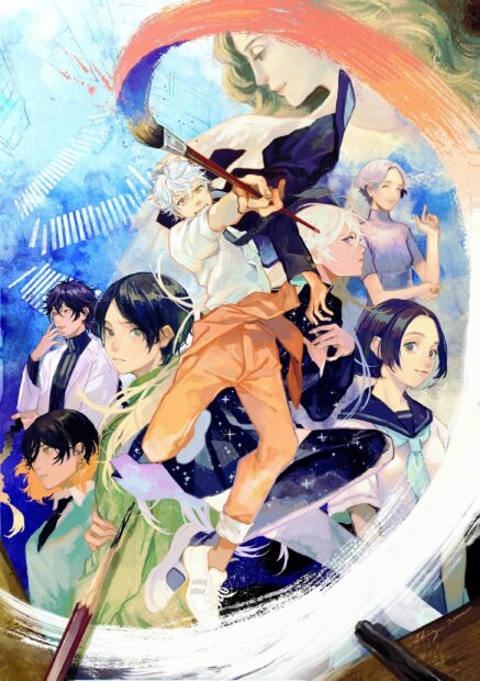 A dynamic illustration of Blue Period anime characters painting and posing together, 2K Desktop Wallpaper