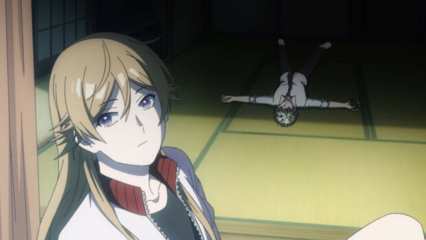 A blonde haired character looks thoughtfully while another lies on the floor in a traditional room with tatami mats, HD Desktop Wallpaper