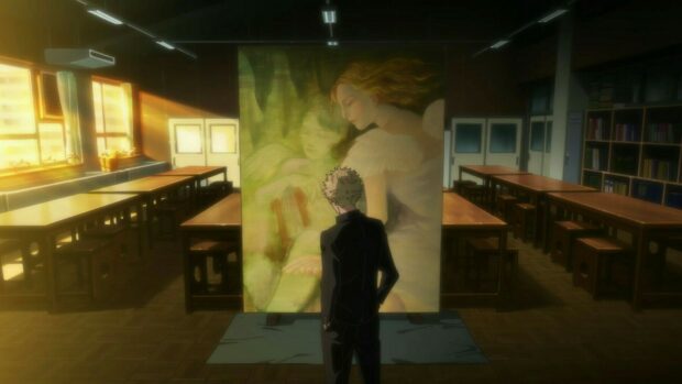 A young man stands in an art classroom looking at a large painting with an angelic figure, HD Desktop Wallpaper