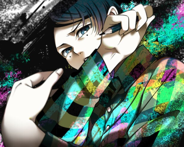 A young artist holds a pencil with a determined look showing colorful patterns on his shirt, HD Phone Wallpaper