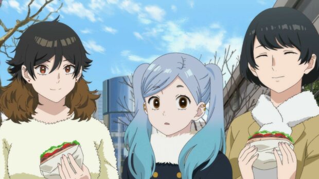 Three characters from Blue Period are eating sandwiches under the blue sky, HD Desktop Wallpaper