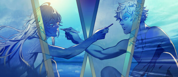 The Blue Period characters focus on painting on a glass surface with serene blue tones, HD Desktop Wallpaper