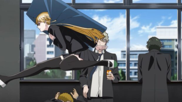 A character performs a high kick in a school hallway with students around, HD Desktop Wallpaper