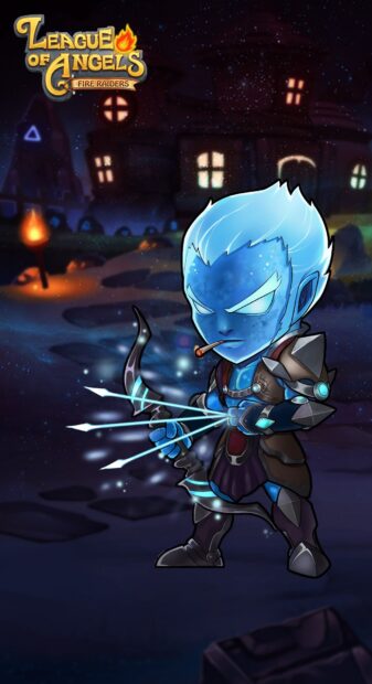 A blue archer character is aiming glowing arrows in a dark village from League Of Angels, HD Mobile Wallpaper