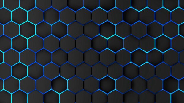 A close up of a honeycomb pattern with glowing blue edges on dark hexagons, 2K Desktop Wallpaper