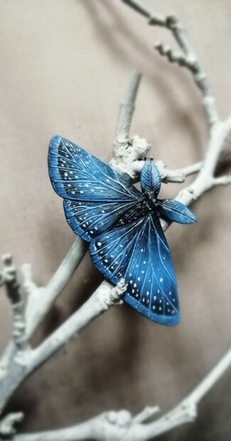 A blue moth resting delicately on light colored dry branches, 2K Phone Wallpaper