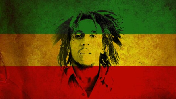 A colorful portrait of Bob Marley with Rastafarian flag colors behind him, HD Desktop Wallpaper