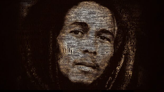 A detailed portrait made of text representing Bob Marley, HD Desktop Wallpaper