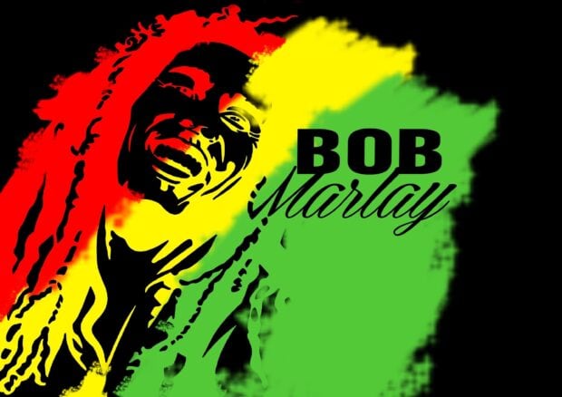 A vibrant artistic design featuring Bob Marley in red, yellow, and green colors, 2K Desktop Wallpaper
