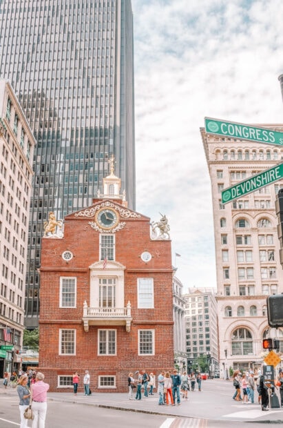 Historic Boston building with street signs and people walking around the city center